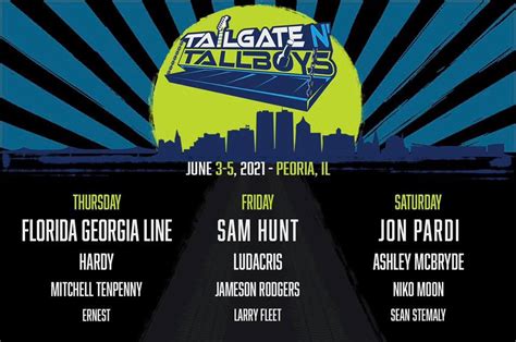 Peoria tailgates and tallboys - Bloomington – Normal, IL (October 1st, 2021) – USA Concerts has announced June 16 – 18, 2022 Tailgate N’ Tallboys is moving to the Interstate Center located at 1106 Interstate Dr., Bloomington, IL 61705. USA Concerts is excited for the move which opens up the festival grounds for onsite camping, a first-time new look for the festival ...